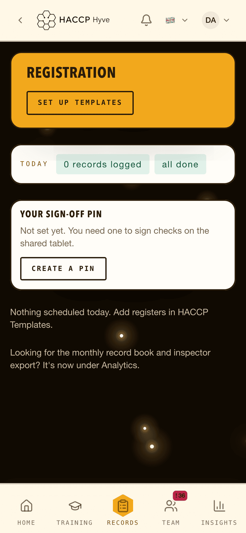 The HACCP Hyve home screen